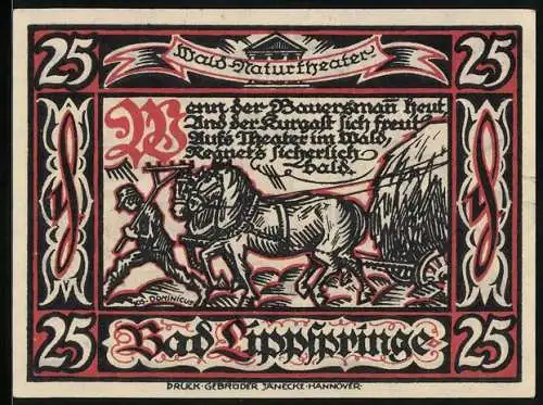 Notgeld Bad Lippspringe 1921, 25 Pfennig, Bauer mit Heuwagen