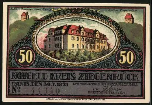 Notgeld Ranis /Kreis Ziegenrück 1921, 50 Pfennig, Geplante Saaltalsperre, Landkarte mit Gössitz, Presswitz u. Steinsdorf