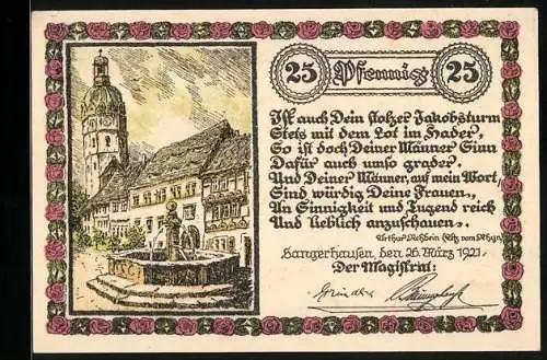Notgeld Sangerhausen 1921, 25 Pfennig, Brunnen und Kirche, Stadtwappen