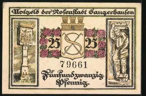 Notgeld Sangerhausen 1921, 25 Pfennig, Brunnen und Kirche, Stadtwappen