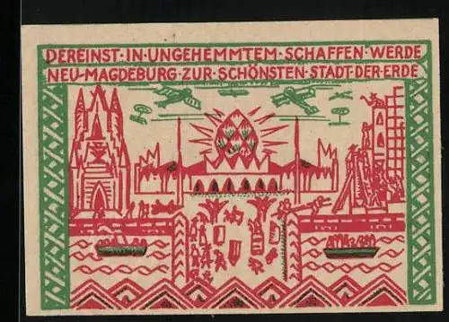 Notgeld Magdeburg 1921, 50 Pfennig, Kirche mit Flugzeugen, Arbeiter auf der Baustelle