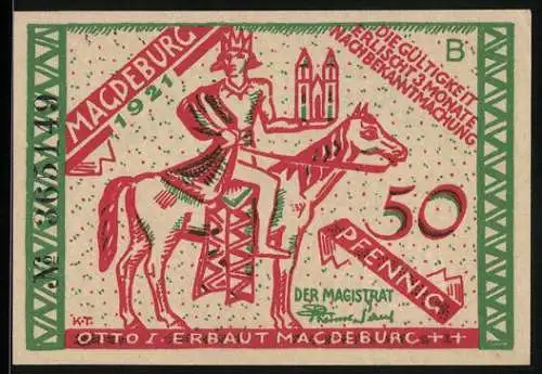 Notgeld Magdeburg 1921, 50 Pfennig, Otto I. zu Pferde, Dr. Eisenbart kuriert die Leute