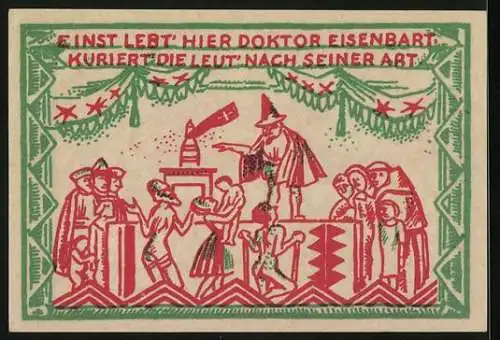 Notgeld Magdeburg 1921, 50 Pfennig, Otto I. zu Pferde, Dr. Eisenbart kuriert die Leute