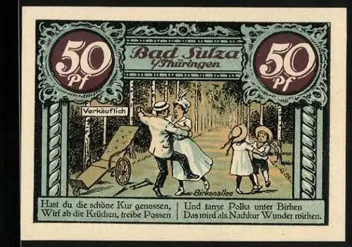 Notgeld Bad Sulza i. Thüringen 1921, 50 Pfennig, Tanzende Familie auf der Birkenallee