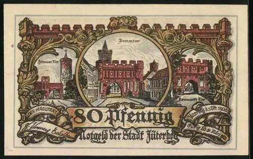 Notgeld Jüterbog 1920, 80 Pfennig, Dammtor, Zinnoer Tor, Neumarkt-Tor