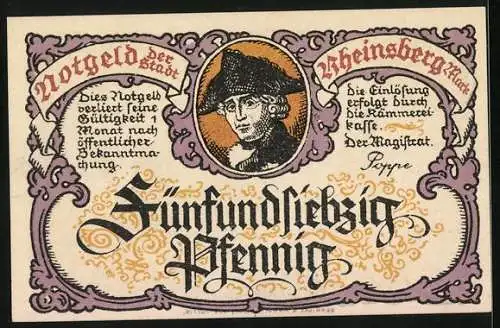 Notgeld Rheinsberg /Mark, 75 Pfennig, Herren spielen Hausmusik, Friedrich der Grosse