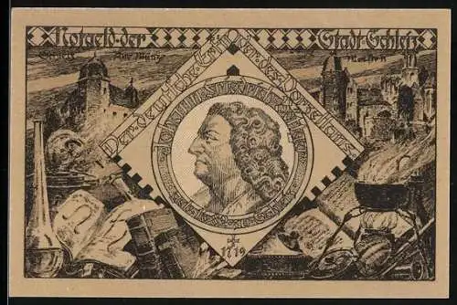 Notgeld Schleiz 1921, 50 Pfennig, Bildnis J. F. Böttger, Deutscher Erfinder des Porzellans, Wappen