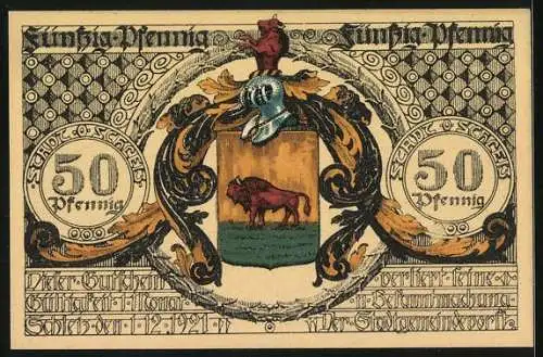 Notgeld Schleiz 1921, 50 Pfennig, Bildnis J. F. Böttger, Deutscher Erfinder des Porzellans, Wappen