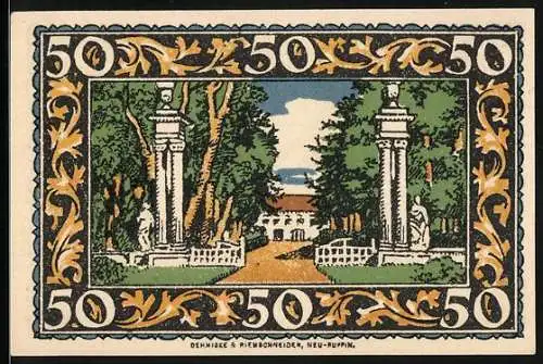 Notgeld Rheinsberg /Mark, 50 Pfennig, Friedrich der Grosse und Einfahrt zum Schloss