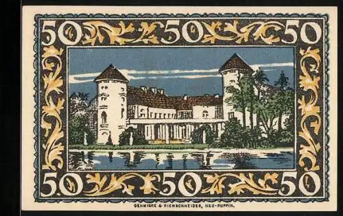 Notgeld Rheinsberg /Mark, 50 Pfennig, Friedrich der Grosse und Anwesen am Wasser