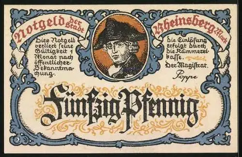 Notgeld Rheinsberg /Mark, 50 Pfennig, Friedrich der Grosse und Anwesen am Wasser