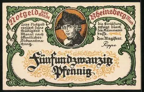 Notgeld Rheinsberg /Mark, 25 Pfennig, Friedrich der Grosse und Denkmal