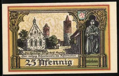 Notgeld Jüterbog 1920, 25 Pfennig, Abteihof, Abt Nicolas-Standbild, ehemalige Heilige Geist-Kapelle
