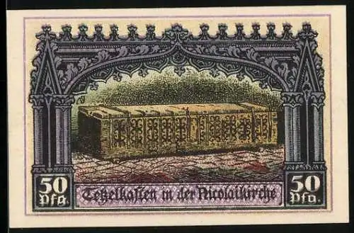 Notgeld Jüterbog 1920, 50 Pfennig, Tekelkasten in der Nicolaikirche, Nicolaikirche