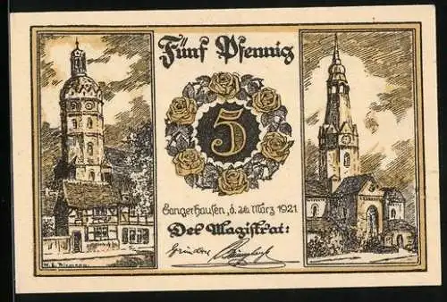 Notgeld Sangerhausen 1921, 5 Pfennig, Kirche, Rathaus