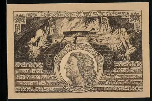 Notgeld Schleiz 1921, 50 Pfennig, Bildnis J. F. Böttger, Deutscher Erfinder des Porzellans, Wappen