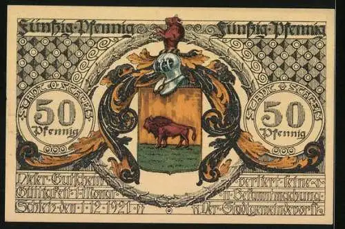 Notgeld Schleiz 1921, 50 Pfennig, Bildnis J. F. Böttger, Deutscher Erfinder des Porzellans, Wappen