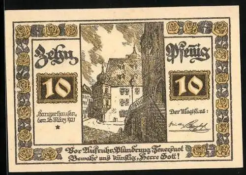 Notgeld Sangerhausen 1921, 10 Pfennig, Strassenpartie, Stadtwappen