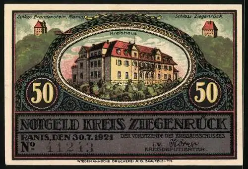 Notgeld Ranis /Kreis Ziegenrück 1921, 50 Pfennig, Das Rathaus in Gefell i. V.