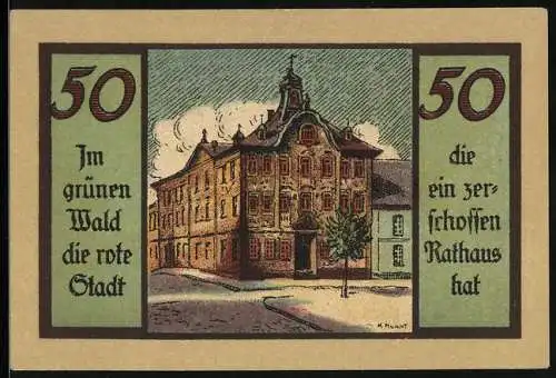Notgeld Suhl, 50 Pfennig, Zerschossenes Rathaus, Wappen