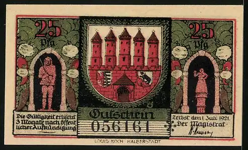 Notgeld Zerbst i. Anhalt 1921, 25 Pfennig, Rathaus und Rats-Brauerei