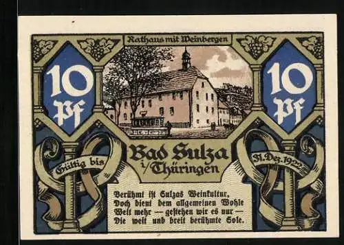 Notgeld Bad Sulza i. Thüringen 1921, 10 Pfennig, Rathaus mit Weinbergen