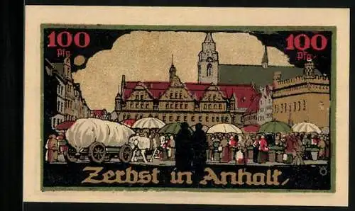 Notgeld Zerbst 1921, 100 Pfennig, Voller Wochenmarkt vor dem Rathaus