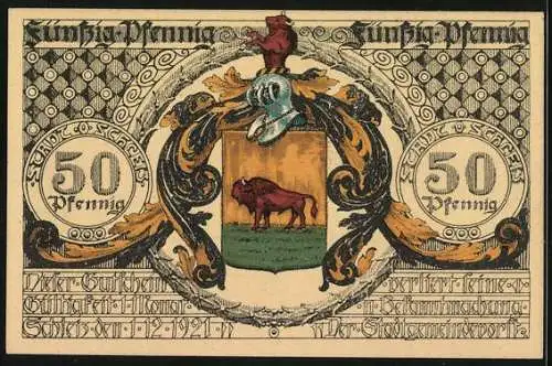 Notgeld Schleiz 1921, 50 Pfennig, Bildnis J. F. Böttger, Deutscher Erfinder des Porzellans, Wappen