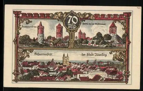 Notgeld Jüterbog 1920, 70 Pfennig, Gesamtansicht, Dammtortürme, Partie an der Stadtmauer