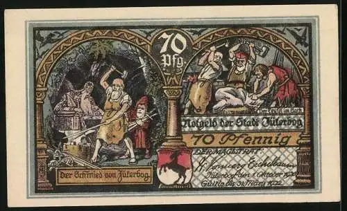 Notgeld Jüterbog 1920, 70 Pfennig, Gesamtansicht, Dammtortürme, Partie an der Stadtmauer
