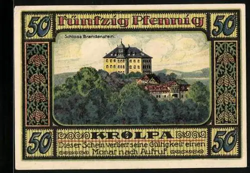 Notgeld Ranis /Kreis Ziegenrück 1921, 50 Pfennig, Schloss Brandenstein
