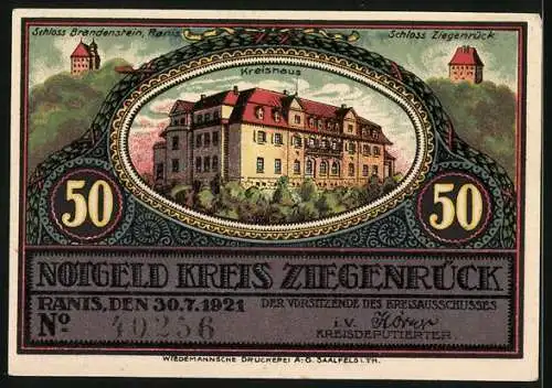 Notgeld Ranis /Kreis Ziegenrück 1921, 50 Pfennig, Schloss Brandenstein