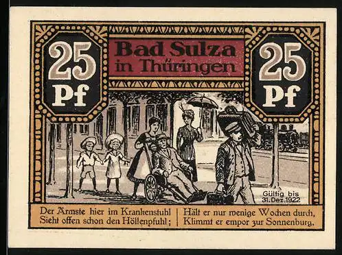 Notgeld Bad Sulza in Thüringen 1921, 25 Pfennig, Frau schiebt Mann im Rollstuhl, Sonnenburg