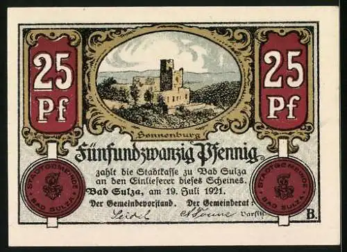 Notgeld Bad Sulza in Thüringen 1921, 25 Pfennig, Frau schiebt Mann im Rollstuhl, Sonnenburg