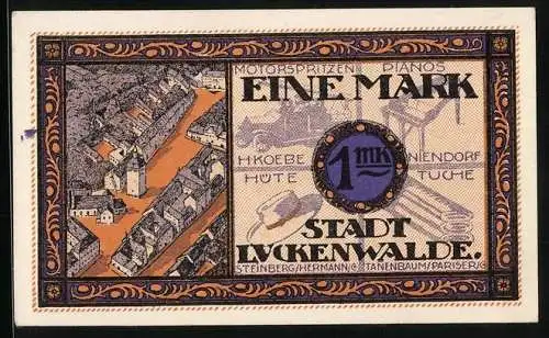 Notgeld Luckenwalde 1921, 100 Pfennig, Ortspartie, Reklame für Hüte und Tuche H. Koebe