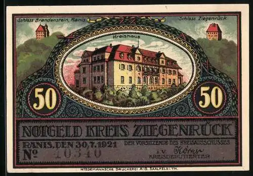Notgeld Ranis /Kreis Ziegenrück 1921, 50 Pfennig, Kreishaus, Schloss Brandenstein, Schloss Ziegenrück
