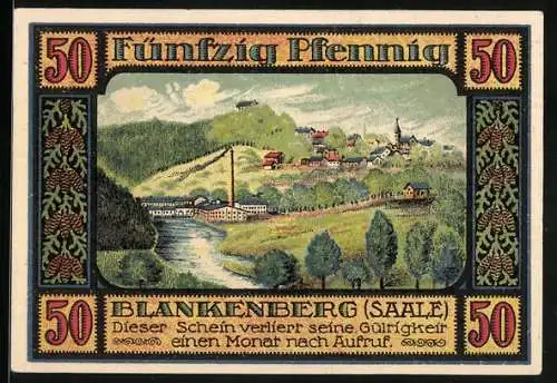 Notgeld Ranis /Kreis Ziegenrück 1921, 50 Pfennig, Blankenberg /Saale, Teilansicht