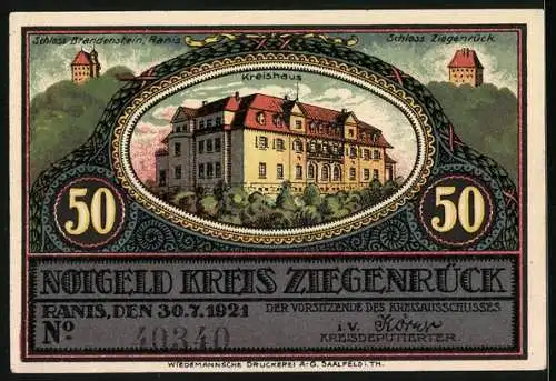 Notgeld Ranis /Kreis Ziegenrück 1921, 50 Pfennig, Blankenberg /Saale, Teilansicht