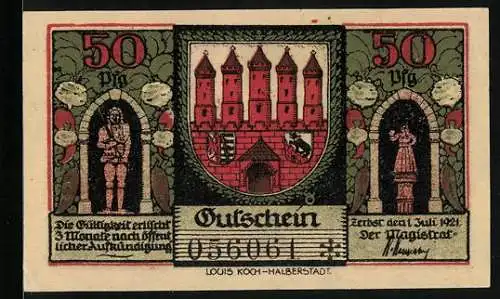 Notgeld Zerbst i. Anhalt 1921, 50 Pfennig, Altes und neues Rathaus, Stadtwappen