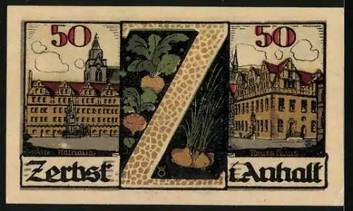 Notgeld Zerbst i. Anhalt 1921, 50 Pfennig, Altes und neues Rathaus, Stadtwappen