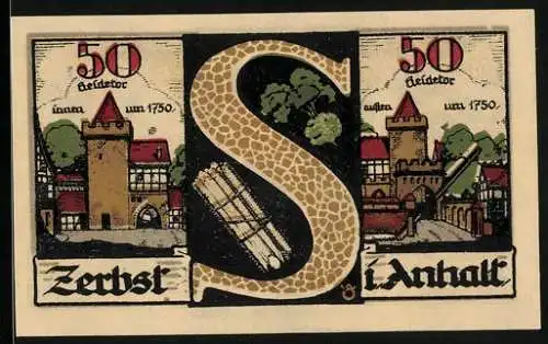 Notgeld Zerbst i. Anhalt 1921, 50 Pfennig, Heidetor um 1750 innen und aussen, Stadtwappen