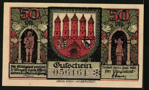 Notgeld Zerbst i. Anhalt 1921, 50 Pfennig, Heidetor um 1750 innen und aussen, Stadtwappen