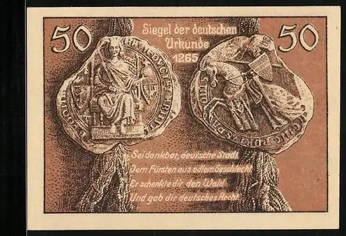 Notgeld Leobschütz 1922, 50 Pfennig, Siegel der deutschen Urkunde 1265