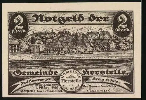 Notgeld Herstelle /Krs. Höxter 1922, 2 Mark, Teilansicht, Wappen