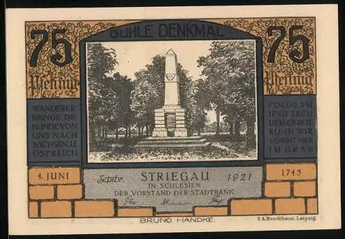 Notgeld Striegau in Schlesien 1921, 75 Pfennig, Guhle-Denkmal