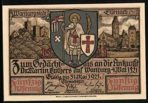Notgeld Eisenach 1921, 50 Pfennig, Luthers Ankunft auf der Wartburg, Wappen