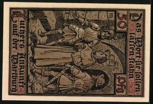 Notgeld Eisenach 1921, 50 Pfennig, Luthers Ankunft auf der Wartburg, Wappen