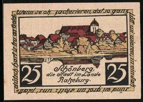 Notgeld Schönberg /Ratzeburg, 1923, 25 Pfennig, Teilansicht mit Kirche