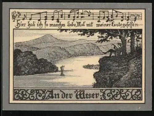Notgeld Hann.-Münden, 125 Pfennig, Junger Mann mit Laute sitzt an der Weser