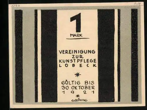 Notgeld Lübeck 1921, 1 Mark, Vereinigung zur Kunstpflege, Bürgerhaus an einer Kirche